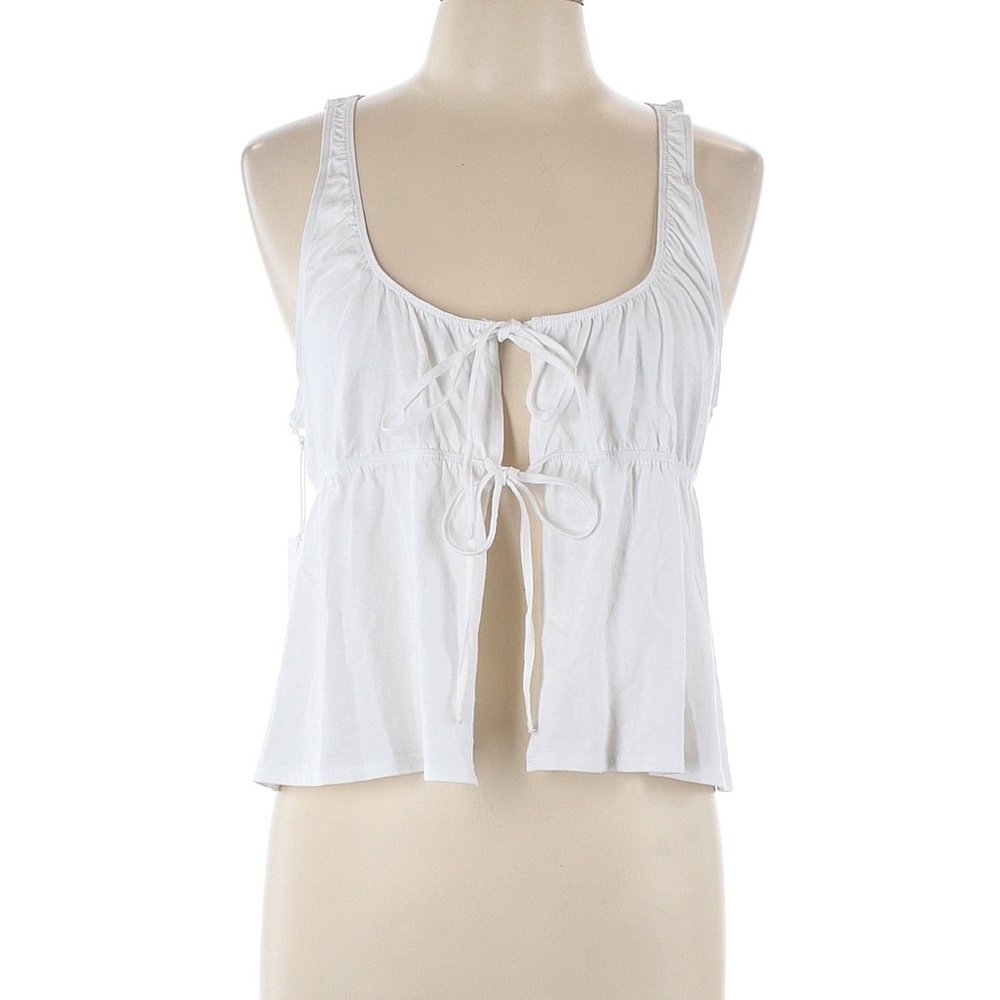 NWT Aritzia Sunday Best White trendy open front tie Top Size L tie front